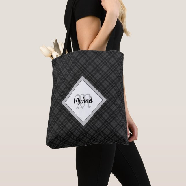 Trendy Black white tartan Personalize Monogram Tote Bag (Close Up)