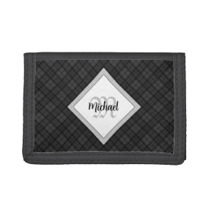 Trendy Black white tartan Personalize Monogram Trifold Wallet