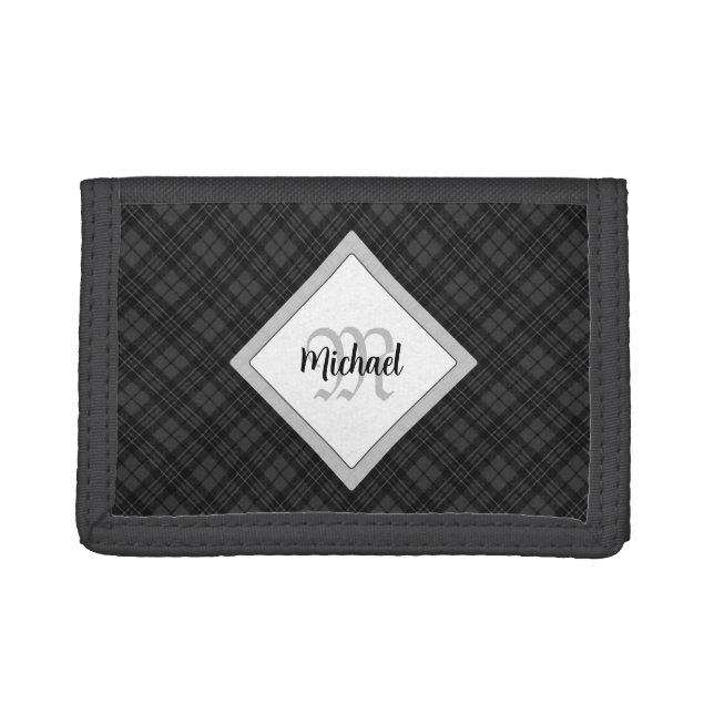 Trendy Black white tartan Personalize Monogram Trifold Wallet (Front)
