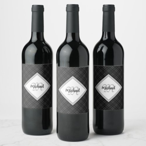 Trendy Black white tartan Personalize Monogram Wine Label