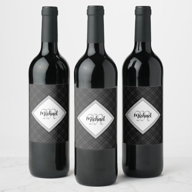 Trendy Black white tartan Personalize Monogram Wine Label (Bottles)