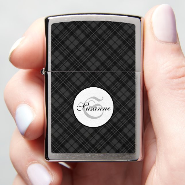 Trendy Black white tartan Personalize Monogram  Zippo Lighter (In Hand)