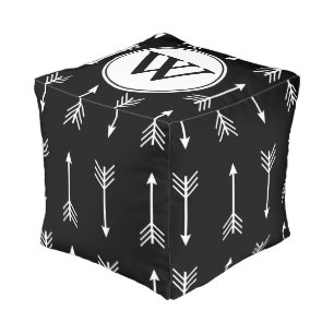 Trendy Black & White Tribal Arrows Monogrammed Pouf