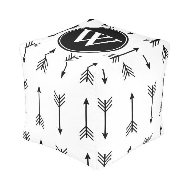 Trendy Black & White Tribal Arrows Monogrammed Pouf (Angled Front)