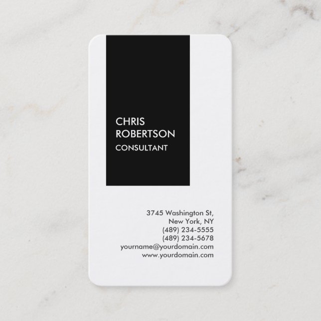 Trendy black white vertical unique business card (Front)