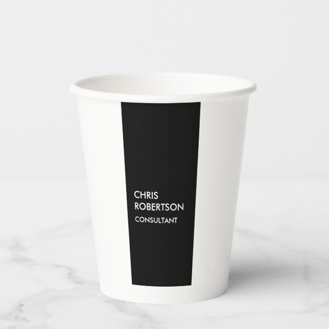 Trendy black white vertical unique business card paper cups (Front)