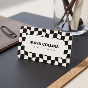 Trendy Black White Wavy Checkered Business Card