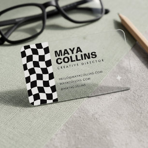 Trendy Black White Wavy Checkered Clear Business Cards