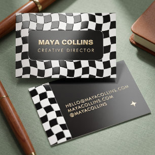 Trendy Black White Wavy Checkered Foil Spot Gloss Business Cards