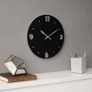 Trendy Black with Silver White Numerals and Hands Large Clock