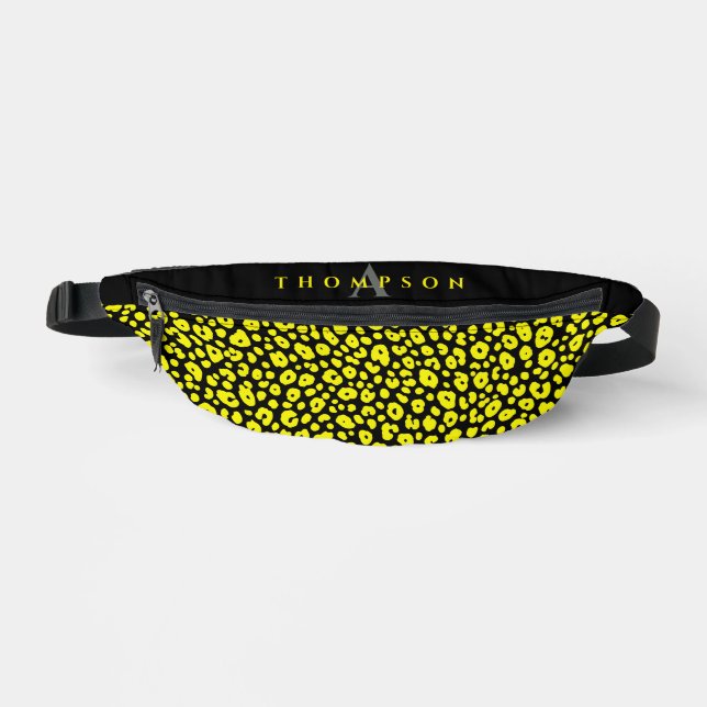 Trendy Black Yellow Leopard Animal Print Monogram Fanny Pack (Front)