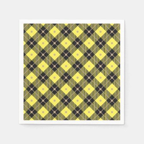 Trendy Black Yellow Plaid Pattern Napkins