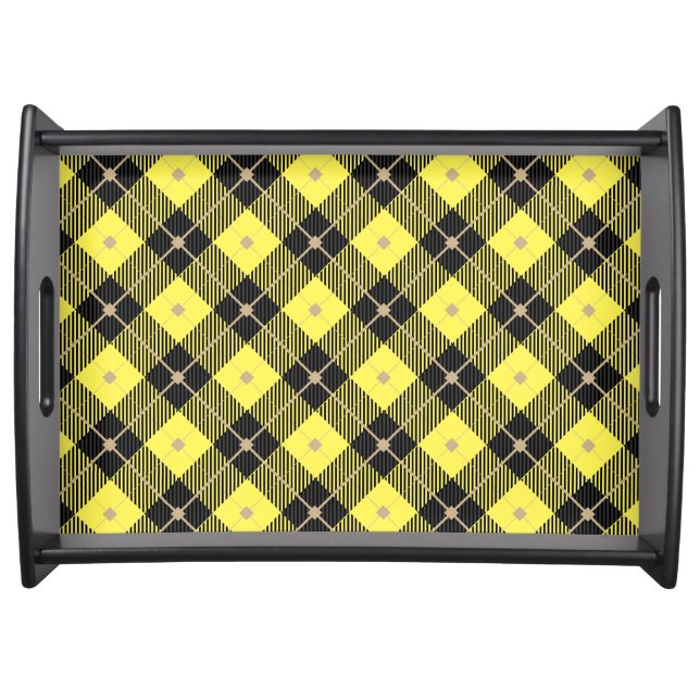 Trendy Black Yellow Plaid Pattern Serving Tray (Front)