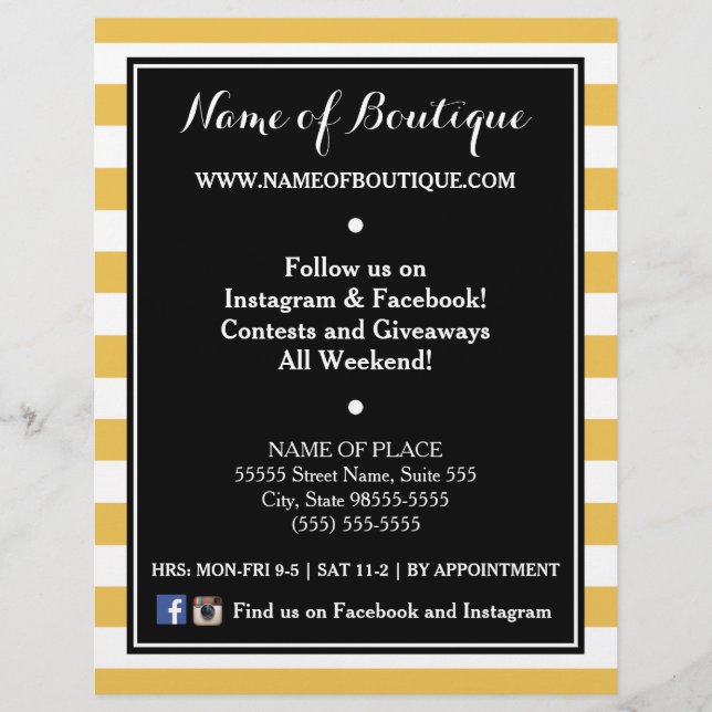 Trendy Black Yellow Stripes Boutique Events Flyer (Front)