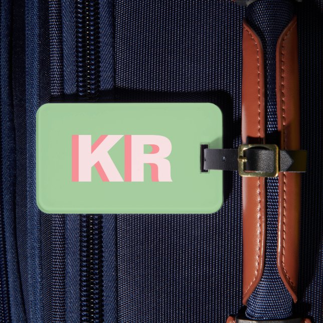 Trendy Block Letter Shadow Monogram Green Pink Luggage Tag (Front Insitu 4)