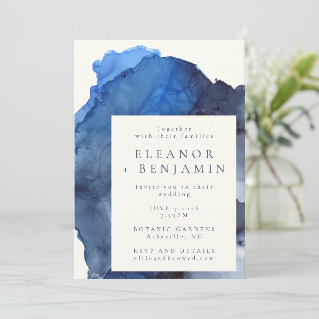Trendy Blue Abstract Watercolor Splash Wedding Invitation (Standing Front)