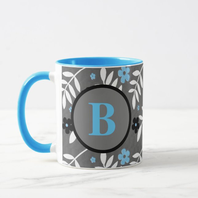 Trendy Blue and Gray Floral Monogram Mug (Left)