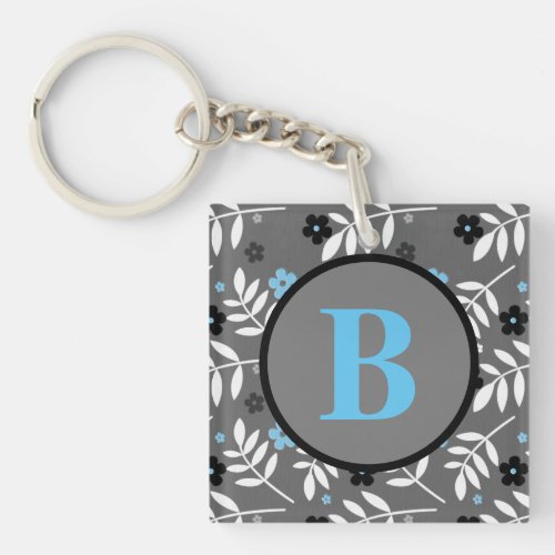 Trendy Blue and Gray Floral Monogram Photo Keychain