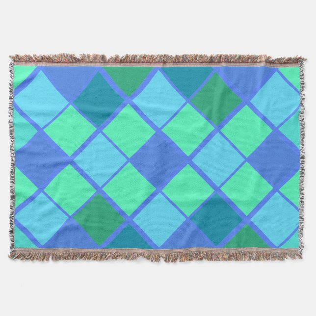 Trendy Blue and Green Diamond Pattern Throw Blanket (Front)