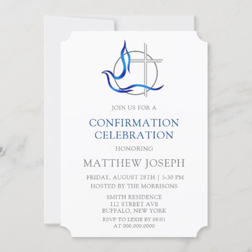 Trendy Blue and Grey Cross Dove Confirmation Invitation