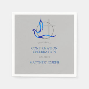 Trendy Blue and Grey Cross Dove Confirmation Napkins