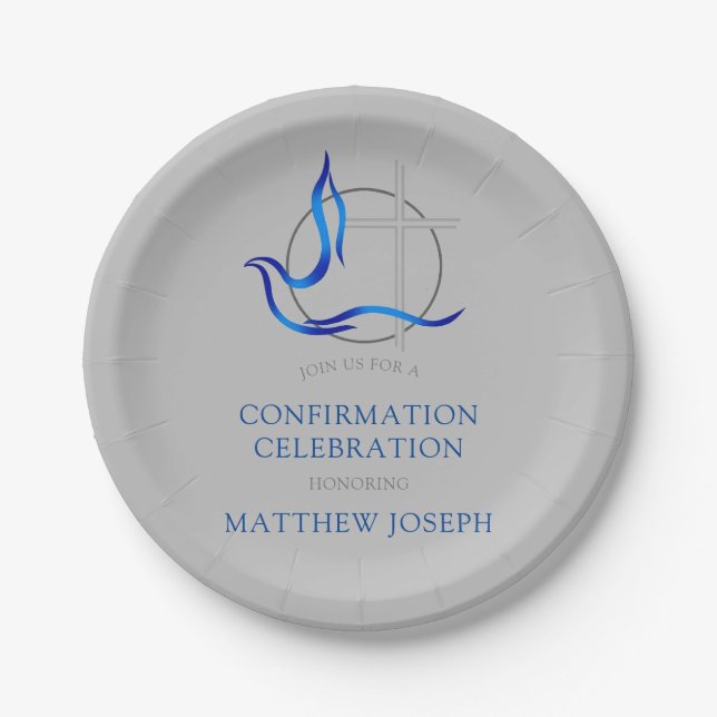 Trendy Blue and Grey Cross Dove Confirmation Paper Plates (Front)