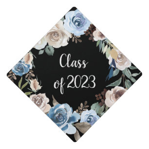 Trendy Blue and Neutral Floral Class of 2023 Graduation Cap Topper