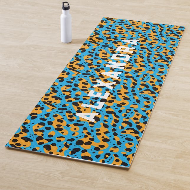 Trendy Blue And Orange Leopard Pattern And Name Yoga Mat (In Situ)