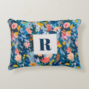 Trendy Blue and Pink Abstract Botanical Monogram Accent Pillow