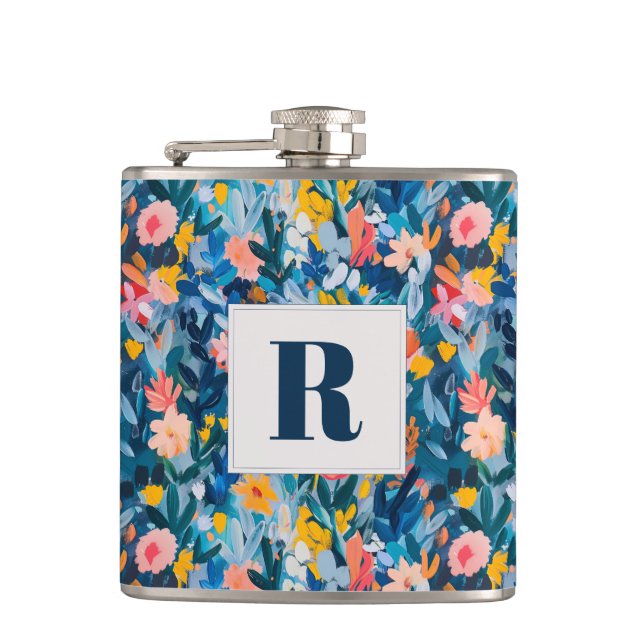 Trendy Blue and Pink Abstract Botanical Monogram Flask (Front)