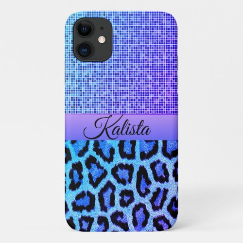 Trendy Blue and Purple Leopard Pixeled Personalize iPhone 11 Case