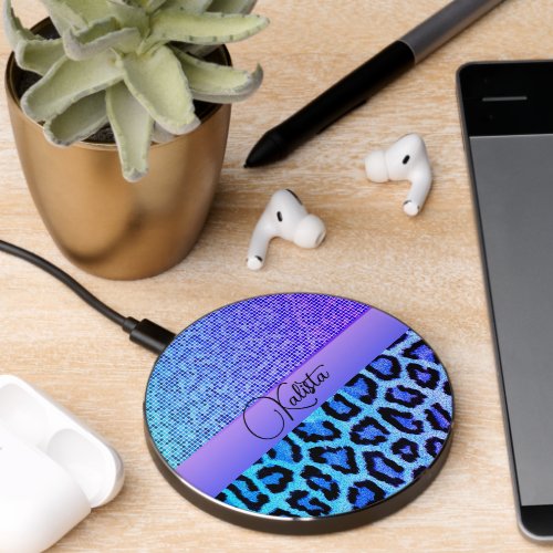 Trendy Blue and Purple Leopard Wireless Charger