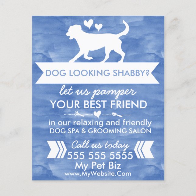Trendy Blue and White Custom Dog Grooming Flyer (Front)