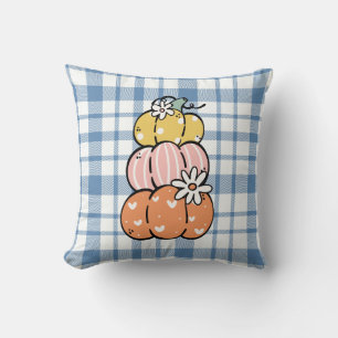 Trendy Blue and White Plaid Pumpkin Throw Pillow