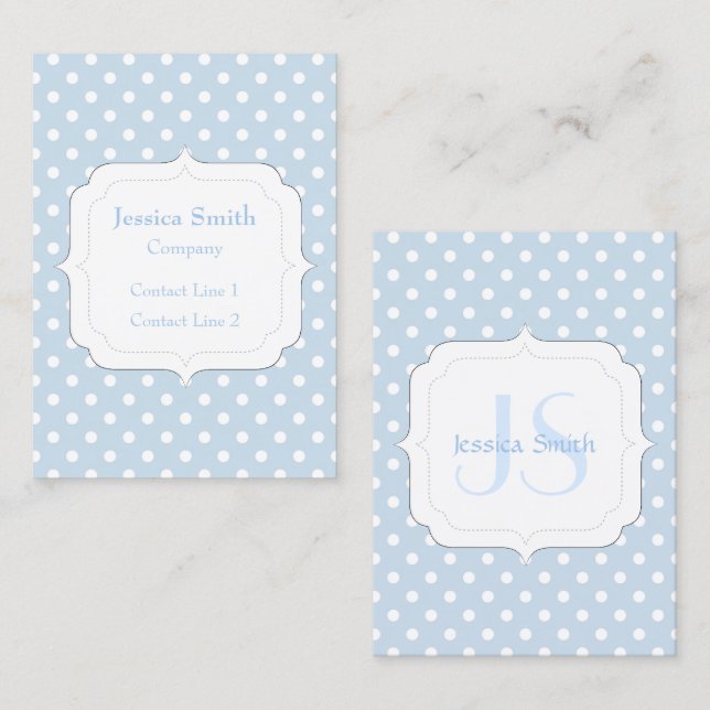 Trendy Blue and white polka dot Monogram Business Card (Front/Back)