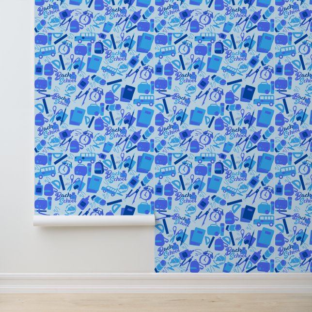 Trendy Blue Back to School Pattern Peel and Stick Wallpaper (Application)