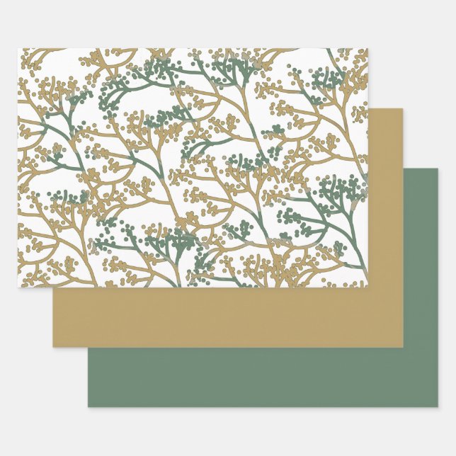 Trendy Blue Beige foilage design Wrapping Paper Sheets (Set)