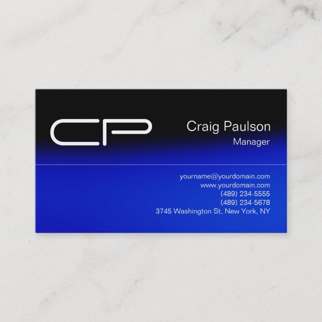 Trendy Blue Black Chic Monogram Business Card (Front)