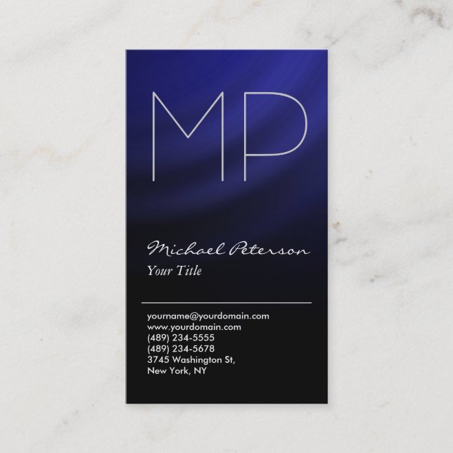 Trendy Blue Black Gray Monogram Business Card (Front)