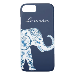 Trendy Blue Bohemian Lotus Elephant & Name iPhone 8/7 Case