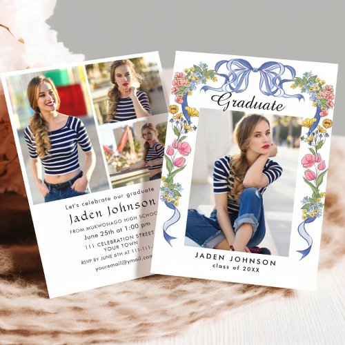 Trendy Blue Bow Coquette 4 PHOTO Graduation Party