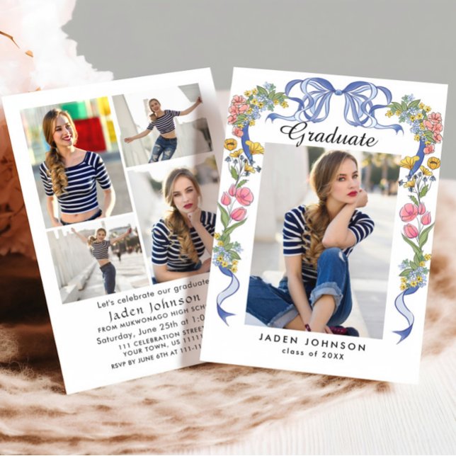 Trendy Blue Bow Coquette 5 PHOTO Graduation Party Invitation (Creator Uploaded)