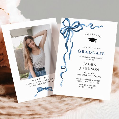 Trendy Blue Bow Coquette PHOTO Graduation Party