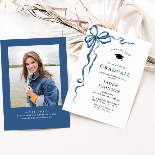 Trendy Blue Bow Coquette PHOTO Graduation Party