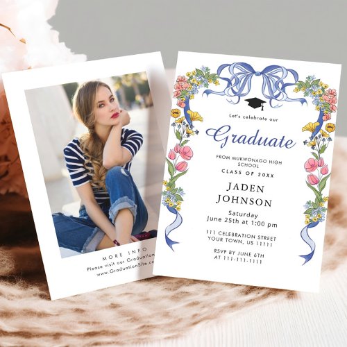 Trendy Blue Bow Coquette PHOTO Graduation Party