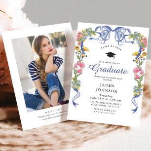 Trendy Blue Bow Coquette PHOTO Graduation Party Invitation