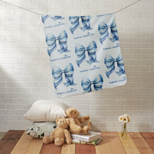 Trendy Blue Bow Personalized With Name Monogram Baby Blanket (In Situ)