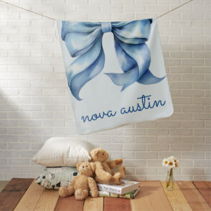 Trendy Blue Bow Personalized With Name Monogram Baby Blanket