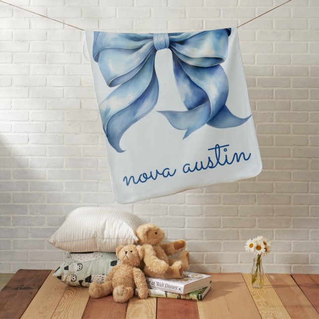 Trendy Blue Bow Personalized With Name Monogram Baby Blanket (In Situ)