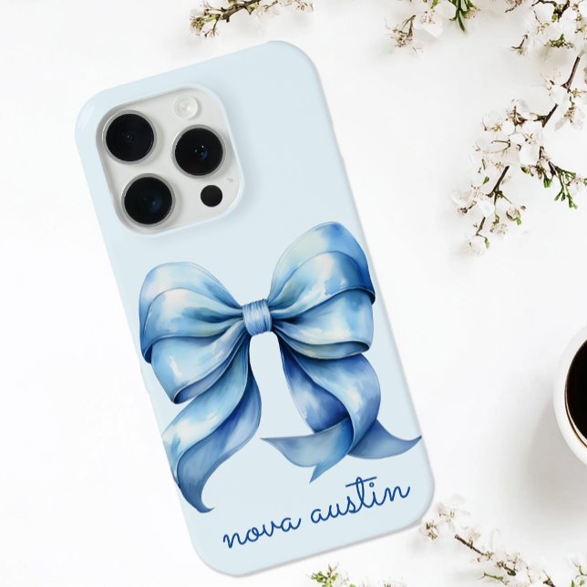 Trendy Blue Bow Personalized With Name Monogram Case-Mate iPhone Case (Creator Uploaded)